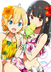 Rule 34 | 2girls, ahoge, bikini, black hair, blonde hair, blue eyes, blush, bow, brown eyes, chijou noko, chikanoko, collarbone, commentary request, flower, hair between eyes, hair flower, hair ornament, highres, holding, jewelry, long hair, looking at viewer, multiple girls, nail polish, navel, necklace, open mouth, orange flower, ragho no erika, red eyes, red flower, short twintails, skirt, swimsuit, twintails, uchino chika, white bow