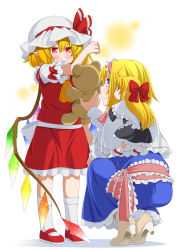 Rule 34 | 2girls, alice margatroid, ascot, blonde hair, blue dress, blue eyes, boots, bow, capelet, child, closed mouth, covered mouth, crystal, diamond (shape), doll, dress, eichi yuu, flandre scarlet, frilled sleeves, frills, hair bow, hairband, half updo, hat, hat ribbon, high heel boots, high heels, highres, holding, holding stuffed toy, kneehighs, lolita hairband, long hair, looking at another, mob cap, multiple girls, one side up, pointy ears, puffy sleeves, red bow, red eyes, red footwear, red ribbon, red skirt, ribbon, sash, shanghai doll, shoes, short hair, short sleeves, skirt, skirt set, smile, socks, squatting, standing, stuffed animal, stuffed toy, tears, teddy bear, touhou, white background, white hat, white legwear, wings