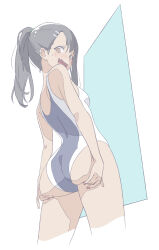 Rule 34 | 1girl, :d, @ @, ass, black hair, blush, breasts, dark skin, fang, hair ornament, hairclip, hands on own ass, highres, ijiranaide nagatoro-san, long hair, looking back, nagatoro hayase, one-piece swimsuit, open mouth, ponytail, skin fang, small breasts, smile, solo, standing, swimsuit, vivid507
