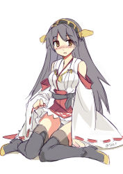 Rule 34 | 10s, 1girl, bare shoulders, black hair, blush, boots, breasts, clothes lift, hairband, haruna (kancolle), kantai collection, long hair, long sleeves, nontraditional miko, panties, red skirt, ribbon-trimmed sleeves, ribbon trim, seo tatsuya, sitting, skirt, skirt lift, solo, thigh boots, thighhighs, twitter username, underwear, white panties, yellow eyes