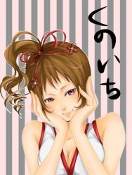 Rule 34 | 1girl, bare shoulders, blush, breasts, brown hair, cleavage, female focus, kunoichi (sengoku musou), long hair, ponytail, purple eyes, sengoku musou, sengoku musou 3, smile, solo, x mio 0
