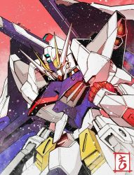 Rule 34 | amazing strike freedom gundam, clenched hand, close-up, dated, gundam, gundam build fighters, gundam build fighters amazing, gundam build fighters amazing ready, highres, looking down, matutoya, mechanical wings, red background, shoulder cannon, v-fin, wings, yellow eyes