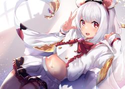 Rule 34 | 1girl, absurdres, animal ears, blush, breasts, fake animal ears, granblue fantasy, highres, long sleeves, looking at viewer, midriff, mouse ears, navel, nohohon neko, open mouth, red eyes, shirt, short hair, skirt, small breasts, smile, solo, thighs, vikala (granblue fantasy), white hair, white shirt, white skirt, wide sleeves
