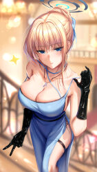 Rule 34 | 1girl, absurdres, alternate costume, alternate hairstyle, armpit crease, bare shoulders, black gloves, blonde hair, blue archive, blue dress, blue eyes, blue halo, blurry, blurry background, blush, bokeh, breasts, cleavage, closed mouth, collarbone, commentary request, depth of field, dress, earrings, gloves, halo, hand up, highres, jewelry, kimchi (user mpzz8457), large breasts, looking at viewer, necklace, side slit, sleeveless, sleeveless dress, solo, strap slip, thigh strap, thighs, toki (blue archive), v