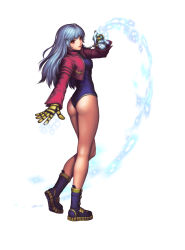 Rule 34 | 1girl, ass, blue hair, boots, cropped jacket, full body, gloves, highres, kula diamond, legs, leotard, light smile, long hair, looking at viewer, red eyes, simple background, solo, the king of fighters, turna98, white background