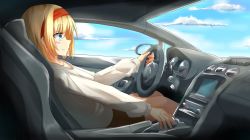 Rule 34 | 1girl, alice margatroid, alternate costume, blonde hair, blue eyes, blue sky, blush, car interior, closed mouth, cloud, commentary request, contemporary, day, driving, hairband, highres, leaning back, long sleeves, looking away, red hairband, short hair, sitting, sky, smile, solo, sweater, touhou, white sweater, yuki (snowmaiden)