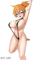 Rule 34 | 1girl, absurdres, adapted costume, alternate breast size, armpits, artist name, asymmetrical hair, bare legs, bikini, black bikini, blue eyes, blush, breasts, cowboy shot, creatures (company), game freak, gym leader, hair tie, highres, huge breasts, large breasts, legs, misty (pokemon), navel, nintendo, one-piece swimsuit, open mouth, orange hair, pokemon, pokemon rgby, ponytail, red hair, shirt, short hair, side ponytail, simple background, slingshot swimsuit, smile, spread legs, swimsuit, tf cafe, thick thighs, thighs, twitter username, wide hips