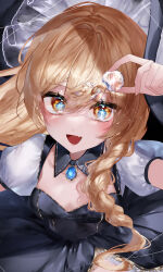 Rule 34 | 1girl, :d, absurdres, adapted costume, black dress, black hat, blonde hair, blue gemstone, blue pupils, blush, braid, breasts, cleavage, commentary, crystal, detached collar, dress, eyelashes, fang, foreshortening, from above, gem, hair between eyes, hand up, happy, hat, highres, holding crystal, kirisame marisa, long hair, looking at object, medium breasts, open mouth, puffy short sleeves, puffy sleeves, short sleeves, single braid, skin fang, smile, sparkle, star-shaped pupils, star (symbol), symbol-shaped pupils, touhou, upturned eyes, witch, witch hat, yellow eyes, yukia (yukia 777)