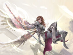 Rule 34 | 1girl, armor, armored boots, arms behind back, boots, breastplate, brown hair, feathers, flying, high heel boots, high heels, highres, long hair, armored boots, open mouth, original, polearm, red eyes, shisshou senkoku, solo, spear, strap, waist cape, weapon, wings