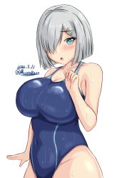 Rule 34 | 1girl, :o, blue eyes, blue one-piece swimsuit, breasts, competition swimsuit, cowboy shot, dated, hair ornament, hair over one eye, hairclip, hamakaze (kancolle), highleg, highleg swimsuit, highres, impossible clothes, impossible swimsuit, kantai collection, large breasts, looking at viewer, montemasa, one-piece swimsuit, open mouth, short hair, simple background, solo, swimsuit, twitter username, wet, wet clothes, wet swimsuit, white background, white hair
