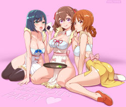 Rule 34 | 3girls, apron, ass, black legwear, blue hair, blush, braid, breasts, brown eyes, brown hair, cleavage, collarbone, delicious party precure, detached collar, female focus, finger in own mouth, food, fuwa kokone, green eyes, hair ornament, hair ribbon, hairclip, hanamichi ran, heart, highres, holding, large breasts, licking lips, long hair, looking at viewer, multiple girls, nagomi yui, onigiri, open mouth, orange footwear, pink background, precure, purple eyes, ribbon, satou shouji, shirt, shoes, short hair, sitting, smile, strapless, teeth, thighhighs, tongue, tongue out, tray, tube top, twintails, white apron, white shirt, yellow apron
