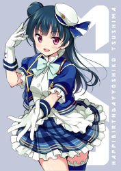Rule 34 | 1girl, beret, blouse, blue bow, blue bowtie, blue hair, blue jacket, blue ribbon, blue thighhighs, bow, bowtie, character name, collar, commentary, english text, frilled collar, frilled skirt, frilled sleeves, frilled thighhighs, frills, gloves, grey background, hair bun, happy birthday, hat, hat ribbon, high collar, idol, jacket, long hair, looking at viewer, love live!, love live! sunshine!!, miniskirt, odawara hakone, open mouth, plaid, plaid skirt, purple eyes, ribbon, shirt, side bun, single hair bun, single side bun, single thighhigh, skirt, smile, solo, standing, star (symbol), text background, thighhighs, tilted headwear, tsushima yoshiko, white gloves, white hat, white shirt