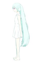 Rule 34 | 1girl, absurdres, bare arms, blue hair, closed mouth, dress, from side, full body, hair between eyes, hatsune miku, highres, kimi ga ikite nakute yokatta (vocaloid), light blue hair, long hair, pink eyes, pinocchio-p, sleeveless, sleeveless dress, smile, solo, twintails, very long hair, vocaloid