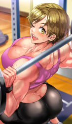 Rule 34 | 1girl, ass, back, blonde hair, breasts, cleavage, daraz, exercising, highres, large breasts, muscular, muscular female, one-punch man, one eye closed, pants, short hair, solo, sports bra, squatting, sweat, tanktop girl, weightlifting, weights, wristband, yoga pants