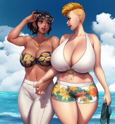 Rule 34 | 2girls, arm up, bare shoulders, beach, blonde hair, blue sky, borrowed character, breasts, cleavage, cloud, cloudy sky, commission, dark-skinned female, dark skin, erkaz, highres, holding sandals, horizon, huge breasts, jewelry, large breasts, midriff, multiple girls, navel, necklace, open mouth, original, pants, print shorts, profile, sam (leigh langello), shorts, sky, smile, sunglasses, tayler (leigh langello), undercut, veins, veiny breasts, water, white pants, yuri