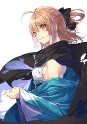Rule 34 | 1girl, absurdres, ahoge, black bow, black scarf, blurry, bow, breasts, brown eyes, brown hair, depth of field, fate (series), fingernails, from side, grin, hair between eyes, hair bow, half updo, haori, highres, japanese clothes, kimono, koha-ace, kuwashima rein, long sleeves, looking at viewer, looking to the side, obi, off shoulder, okita souji (fate), okita souji (koha-ace), sash, scarf, shinsengumi, short hair, sideboob, simple background, sleeveless, sleeveless kimono, small breasts, smile, solo, torn clothes, torn scarf, white background, white kimono, wide sleeves, wind