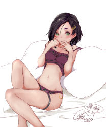 Rule 34 | 1girl, alternate costume, black hair, camisole, character name, commentary request, frilled camisole, frills, green eyes, hair ornament, hairclip, kantai collection, kuroshio (kancolle), panties, pillow, purple camisole, purple panties, rizzl, short hair, signature, sitting, solo, strap slip, underwear