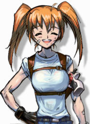 Rule 34 | 00s, 1girl, cross mirage, closed eyes, gloves, gun, holster, laughing, lowres, lyrical nanoha, m ganzy, mahou shoujo lyrical nanoha, mahou shoujo lyrical nanoha strikers, mganzy, military, military uniform, orange hair, solo, teana lanster, twintails, uniform, weapon