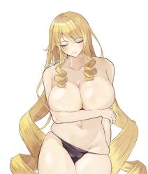 Rule 34 | black panties, blonde hair, blush, breasts, closed eyes, covering breasts, covering privates, dotori moong, genshin impact, highres, large breasts, long hair, navia (genshin impact), panties, solo focus, tagme, thick thighs, thighs, topless, underwear