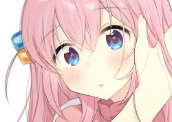 Rule 34 | 1girl, :o, ahoge, blue eyes, blush, bocchi the rock!, close-up, cube hair ornament, gotoh hitori, hair between eyes, hair ornament, hand in own hair, highres, jacket, long hair, looking at viewer, parted lips, pink hair, pink jacket, portrait, simple background, solo, sweatdrop, track jacket, unizuma eleven, white background