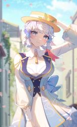 1girl :3 absurdres arm_up ayaka_(genshin_impact) blue_dress blue_eyes blue_sky blunt_tresses blurry blurry_background braid braided_hair_rings breasts brown_hat butterfly_hair_ornament commentary_request day dress falling_petals flower genshin_impact gold_trim hair_flower hair_ornament hair_rings hand_on_headwear hat heart heart_in_eye highres kamisato_ayaka kamisato_ayaka_(springbloom_missive) long_hair long_sleeves looking_at_viewer medium_breasts mole mole_under_eye multicolored_clothes multicolored_dress neck_tassel official_alternate_costume official_alternate_hairstyle outdoors petals puffy_long_sleeves puffy_sleeves sky smile solo symbol_in_eye twin_braids white_flower white_hair zhuchengbi