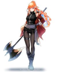 Rule 34 | 1girl, absurdres, alternate costume, archimedesu99, artist name, axe, battle axe, cosplay, full body, highres, hololive, hololive english, jacket, long hair, looking at viewer, open clothes, open jacket, orange hair, purple eyes, simple background, solo, sousou no frieren, stark (sousou no frieren), stark (sousou no frieren) (cosplay), takanashi kiara, virtual youtuber, weapon, white background