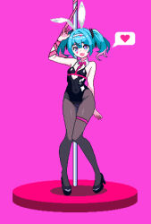 Rule 34 | 1girl, :d, absurdres, animal ears, aqua hair, arm behind back, bare shoulders, black footwear, black leotard, black pantyhose, black ribbon, blush, bound, bound arms, bow, bowtie, breasts, clothing cutout, commentary, detached collar, english commentary, fake animal ears, groin, hair between eyes, hair ornament, hair ribbon, hairband, hatsune miku, heart, heart cutout, heart hair ornament, high heels, highleg, highleg leotard, highres, knees together feet apart, leotard, long hair, looking at viewer, multicolored hair, necktie, open mouth, pantyhose, pigeon-toed, pink background, pink bow, pink bowtie, pink hair, pink necktie, pink pupils, pink ribbon, pixel art, playboy bunny, pole, pure pure (rabbit hole), rabbit ears, rabbit hole (vocaloid), ribbon, shiny clothes, simple background, small breasts, smile, solo, speech bubble, spoken heart, stage, stomach cutout, streaked hair, stripper pole, teardrop facial mark, thigh gap, twintails, vocaloid, waving, white hairband, whitte komett, x hair ornament