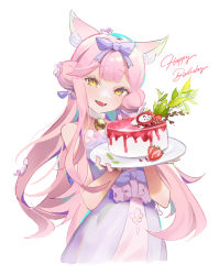 Rule 34 | 1girl, :d, absurdres, animal ears, blush, bow, bunwaka, cake, double bun, dragon fruit, dress, dress bow, fangs, flower, food, frilled dress, frills, fruit, hair bow, hair bun, hair flower, hair ornament, hair ribbon, happy birthday, highres, holding, holding cake, holding food, holding plate, leaf, long hair, looking at viewer, multicolored hair, open mouth, original, pink hair, plant, plate, purple hair, ribbon, smile, solo, strapless, strapless dress, strawberry, two-tone hair, two side up, very long hair, yellow eyes