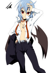 Rule 34 | 1girl, alternate costume, bat wings, belt, black suit, blouse, breasts, formal, hair between eyes, hand on own head, hand on own hip, jacket, unworn jacket, light purple hair, looking at viewer, low wings, no bra, open clothes, open shirt, pant suit, pants, pointy ears, red eyes, remilia scarlet, shin&#039;ya (nanp), shirt, short hair, small breasts, solo, standing, suit, touhou, white shirt, wings