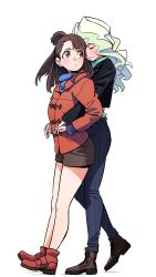 Rule 34 | 2girls, absurdres, blush, brown hair, couple, diana cavendish, formal, highres, hug, hug from behind, jacket, kagari atsuko, little witch academia, long hair, looking at another, multicolored hair, multiple girls, nukosann, red eyes, shorts, simple background, suit, wavy hair, yuri