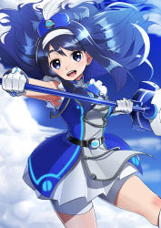 Rule 34 | 1girl, absurdres, bike shorts, blue eyes, blue hair, blue headwear, commentary request, cowboy shot, futaba aoi (vividred operation), gloves, hasegawa (hase popopo), hat feather, highres, long hair, majorette, palette suit, shorts, solo, staff, upper body, vividred operation, white gloves, white shorts