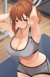Rule 34 | 1girl, absurdres, armpits, arms up, bare arms, bare shoulders, breasts, brown eyes, brown hair, cleavage, commentary request, cowboy shot, crop top, grey shorts, grey sports bra, hair between eyes, hair tie in mouth, highres, indoors, large breasts, long hair, looking at viewer, midriff, mouth hold, navel, original, ponytail, short shorts, shorts, solo, sports bra, stomach, udon (udonalium)
