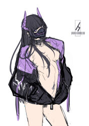 Rule 34 | 1girl, ban! (bansankan), black hair, breasts, collar, collarbone, contrapposto, earrings, female pubic hair, head tilt, hime cut, horns, jacket, jewelry, looking at viewer, mask, medium breasts, naked jacket, original, pubic hair, purple horns, simple background, sketch, solo, white background