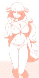 Rule 34 | 1girl, bra, breasts, cleavage, covered erect nipples, creatures (company), cynthia (pokemon), game freak, hair ornament, hair over one eye, highres, large breasts, legs, long hair, monochrome, navel, nintendo, panties, pokemon, pokemon dppt, smile, solo, standing, underwear, yang meiling