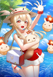 Rule 34 | 1girl, :d, absurdres, ahoge, alternate costume, anklet, bag, bare shoulders, blue sky, cloud, cloudy sky, clover print, collarbone, commentary request, hugging doll, genshin impact, hair between eyes, hat, highres, horizon, jewelry, klee (genshin impact), light brown hair, long hair, looking at viewer, low twintails, hugging object, ocean, open mouth, orange eyes, palm tree, pointy ears, scrunchie, shoulder bag, sidelocks, sky, skym (kumei), sleeveless, smile, solo, spaghetti strap, standing, standing on one leg, straw hat, stuffed animal, stuffed toy, sun hat, swimsuit, tree, twintails, waving, wrist scrunchie