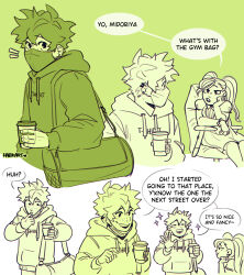 Rule 34 | 1boy, 1girl, absurdres, artist name, bag, boku no hero academia, chair, closed eyes, closed mouth, clothes writing, coffee cup, comic, commentary, cup, disposable cup, dress, duffel bag, ear piercing, english commentary, english text, freckles, green theme, habkart, head rest, highres, holding, holding cup, hood, hood down, hoodie, la brava, long hair, long sleeves, looking at another, mask, midoriya izuku, monochrome, mouth mask, open mouth, piercing, puffy short sleeves, puffy sleeves, short hair, short sleeves, simple background, sitting, smile, sparkle, speech bubble, standing, twintails