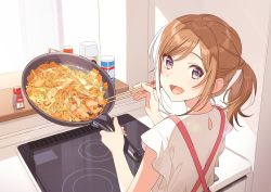 Rule 34 | 1girl, :d, apron, brown hair, character request, chopsticks, cooking, copyright request, food, frying pan, hechima (issindotai), highres, holding, holding chopsticks, indoors, long hair, looking at viewer, looking back, noodles, open mouth, original, ponytail, purple eyes, red apron, shirt, short sleeves, smile, solo, standing, stove, textless version, white shirt