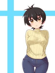 Rule 34 | 1girl, arms behind back, black hair, blue pants, breasts, commentary, cougar (cougar1404), cowboy shot, denim, jeans, light frown, long sleeves, looking at viewer, medium breasts, nari (cougar1404), original, pants, short hair, solo, standing, sweater, thigh gap, turtleneck, white background, yellow eyes, yellow sweater