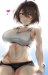 Rule 34 | 1girl, azur lane, baltimore (azur lane), baltimore (black ace) (azur lane), breasts, brown hair, clothes pull, collar, commentary request, gradient background, heart, highres, large breasts, looking at viewer, okasira (superkurounmo), shaded face, short hair, short shorts, shorts, shorts pull, smirk, solo, sports bra, sportswear, sweatdrop, yellow eyes
