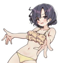 Rule 34 | 1girl, :d, aa211108, bare shoulders, bikini, black hair, blush, brown eyes, collarbone, cowboy shot, dot nose, forehead, frilled bikini, frilled bikini top, frills, idolmaster, idolmaster cinderella girls, looking at viewer, messy hair, navel, open hands, open mouth, outstretched arms, parted bangs, shiragiku hotaru, short hair, simple background, smile, solo, swimsuit, white background, yellow bikini