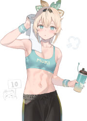Rule 34 | 1girl, aqua eyes, arm up, armpits, blonde hair, blush, bottle, breasts, cleavage, drawstring, drying, drying hair, hana mori, highres, holding, holding bottle, hololive, kazama iroha, looking at viewer, midriff, navel, open mouth, pants, pokobee, ponytail, simple background, small breasts, solo, sports bra, stomach, sweatband, sweatpants, towel, virtual youtuber, white background, wristband