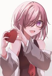 Rule 34 | 1girl, absurdres, black-framed eyewear, black dress, blush, box, collared dress, commentary request, dress, fate/grand order, fate (series), glasses, grey jacket, hair over one eye, heart-shaped box, highres, holding, holding box, jacket, light purple hair, long sleeves, looking at viewer, mash kyrielight, multicolored clothes, multicolored jacket, necktie, off shoulder, one eye covered, open clothes, open jacket, open mouth, purple eyes, red necktie, short hair, simple background, sleeveless, sleeveless dress, smile, solo, two-tone jacket, valentine, white background, white jacket, yu sakae