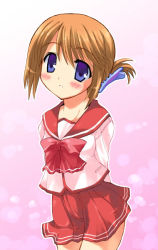 Rule 34 | 00s, 1girl, arms behind back, bad anatomy, blue eyes, blush, bow, bowtie, brown hair, cowboy shot, folded ponytail, komaki manaka, looking at viewer, parted lips, pink background, pleated skirt, red skirt, sailor collar, school uniform, serafuku, simple background, skirt, solo, teeth, to heart (series), to heart 2