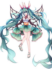 Rule 34 | 1girl, absurdly long hair, black gloves, butterfly wings, elbow gloves, fingerless gloves, full body, gloves, green eyes, green hair, hatsune miku, highres, insect wings, long hair, matching hair/eyes, qingye ling, sandals, simple background, skirt, skirt hold, solo, twintails, very long hair, vocaloid, white background, wings