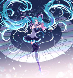 Rule 34 | 1girl, :d, absurdly long hair, absurdres, blue eyes, blue hair, boots, bow, collared shirt, detached sleeves, floating, floating hair, hair ribbon, hand on own chest, hatsune miku, headset, highres, holding, holding microphone, long hair, long sleeves, looking at viewer, microphone, necktie, night, night sky, open mouth, piano keys, pleated skirt, ribbon, ripples, rooibos, shirt, skirt, sky, sleeveless, sleeveless shirt, smile, solo, standing, standing on one leg, star (sky), starry sky, thigh boots, tie clip, twintails, very long hair, vocaloid