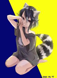 Rule 34 | 1girl, alternate costume, animal ears, bare legs, barefoot, black shorts, brown eyes, casual, commentary request, common raccoon (kemono friends), extra ears, fang, fingers together, grey hair, grey shirt, highres, kemono friends, kneeling, looking at viewer, multicolored hair, nanana (nanana iz), raccoon ears, raccoon girl, raccoon tail, shirt, short hair, short shorts, short sleeves, shorts, smile, solo, t-shirt, tail, white hair