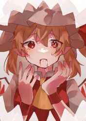 Rule 34 | 1girl, absurdres, ascot, blonde hair, blood, blood on face, cowboy shot, crying, crystal, dress, flandre scarlet, hat, highres, medium hair, mob cap, open mouth, pointy ears, red eyes, rokka (rokka937), simple background, solo, tears, touhou, white background, yellow ascot