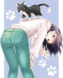Rule 34 | 1girl, :&lt;, animal, ass, bare shoulders, black eyes, blue background, blue eyes, brown hair, cat, closed mouth, clothing cutout, commentary request, denim, green pants, hand on leg, jeans, leaning forward, long hair, long sleeves, original, pants, ribbed sweater, shiro kuma shake, shoulder cutout, sleeves past wrists, smile, solo, standing, sweater, two-tone background, v, white background, white sweater