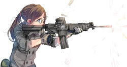 Rule 34 | 1girl, assault rifle, blue eyes, brown hair, casing ejection, daito, earplugs, firing, glasses, gloves, gun, jacket, m4 carbine, muzzle flash, original, ponytail, rapid-fire, rifle, scarf, school uniform, shell casing, short hair, sleeves rolled up, solo, weapon