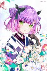Rule 34 | 1girl, absurdres, black choker, black gloves, black ribbon, blunt bangs, blush, checkered clothes, checkered kimono, choker, closed mouth, commentary request, fishnet gloves, fishnets, flower, gloves, gradient hair, green eyes, hair ornament, hair ribbon, hair rings, hairclip, hands up, highres, hololive, japanese clothes, kimono, lace, lace choker, looking at viewer, multicolored hair, official alternate costume, official alternate hair length, official alternate hairstyle, pink hair, purple hair, ribbon, short hair, smile, solo, sowon, swept bangs, three quarter view, tokoyami towa, tokoyami towa (new year), twitter username, two side up, upper body, virtual youtuber, wavy hair, x hair ornament